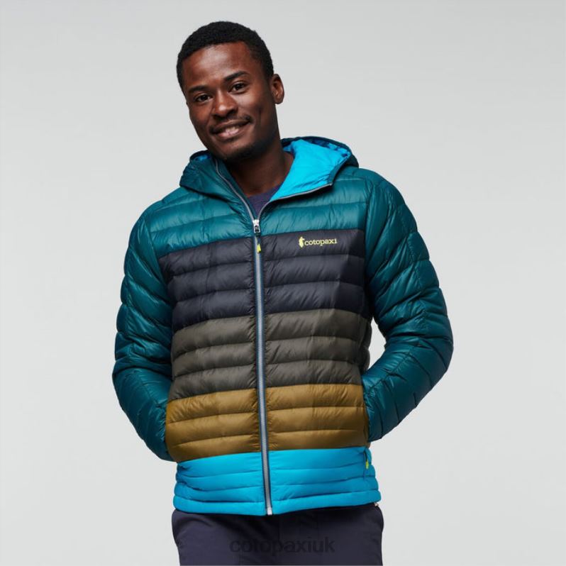 Cotopaxi UK - Brands Fuego Down Hooded Jacket Colorblock Men Deep Ocean Stripes Cotopaxi X4X0H446