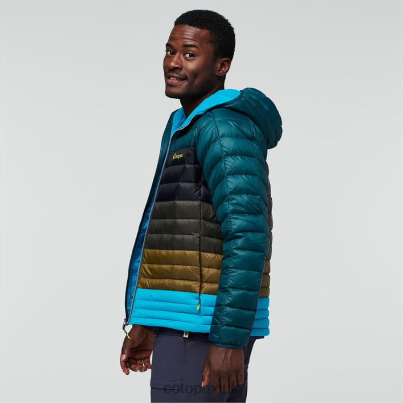 Cotopaxi UK - Brands Fuego Down Hooded Jacket Colorblock Men Deep Ocean Stripes Cotopaxi X4X0H446