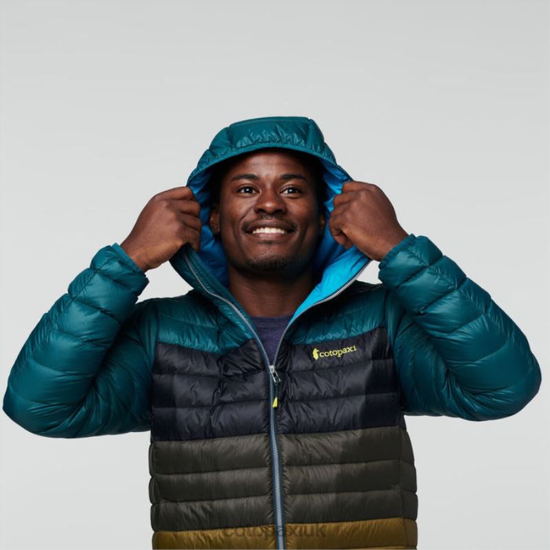 Cotopaxi UK - Brands Fuego Down Hooded Jacket Colorblock Men Deep Ocean Stripes Cotopaxi X4X0H446